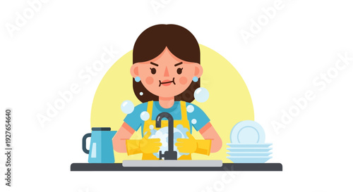 Frustrated Young Woman in Yellow Gloves Washing Kitchen Dishes with Soap Bubbles