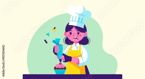 A cheerful female chef meticulously decorating a delicious cupcake with colorful sprinkles, showcasing the art of pastry making