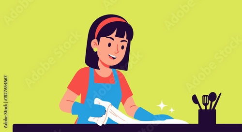 Young woman in blue apron cleaning with a white cloth