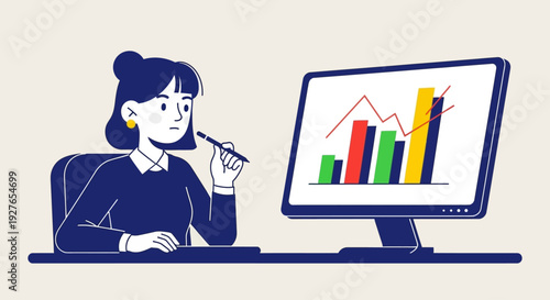 Woman analyzing business data and financial growth trends on a monitor, strategizing future success and progress