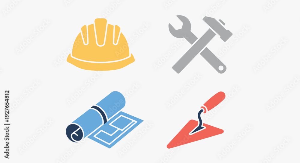 Fototapeta premium Construction Industry Icons Safety Helmet, Tools, Blueprint, and Trowel