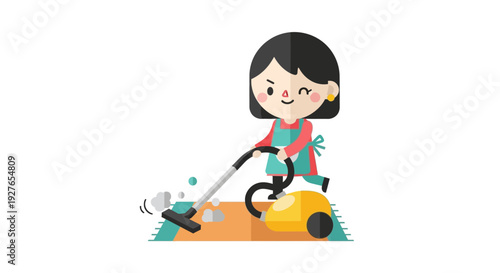 Cartoon woman with vacuum cleaner tidying up a rug in a bright and cheerful illustration