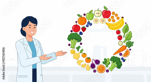 Clean flat vector illustration of a smiling nutritionist presenting healthy food choices