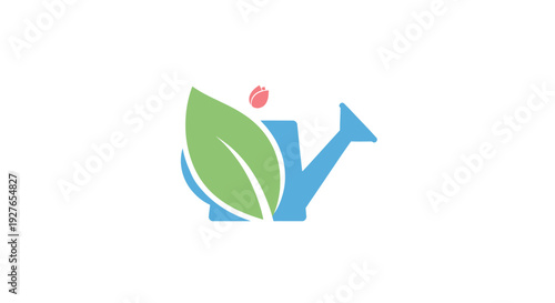 Green growth concept in watering can symbol with leaf and water drop icon
