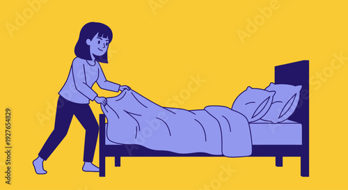 Woman making her bed in a bedroom with yellow background