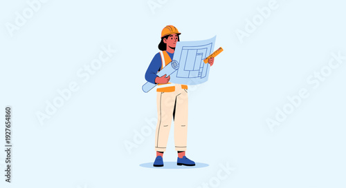 Skilled Female Engineer Examining Architectural Blueprints for Construction Project Development and Planning