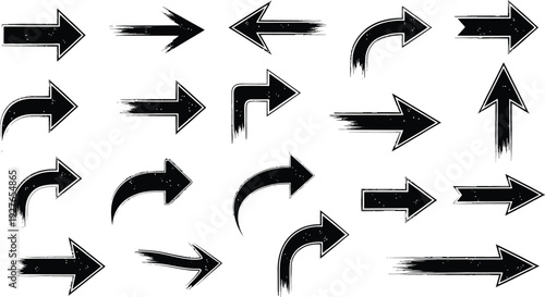 A collection of diverse black arrow shapes and sizes presented as a graphic element on transparent background silhouette high quality professional