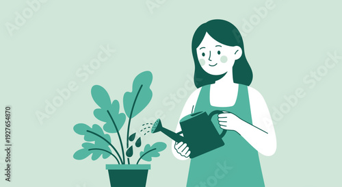 A woman gently watering a lush green potted plant in a serene green environment
