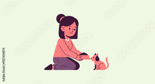 Kindhearted Woman Nurturing Her Beloved Feline Pet by Gently Feeding from a Small Bowl