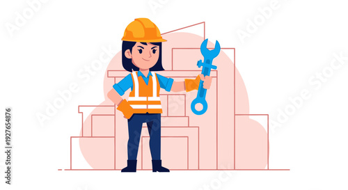 Illustration of a female construction worker holding a wrench, standing against a backdrop of building structures