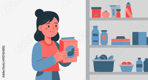 Concerned woman checking a food package in her organized kitchen pantry, contemplating health or expiry dates