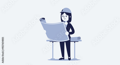 Professional woman architect reviewing building blueprints and construction plans for a new project development