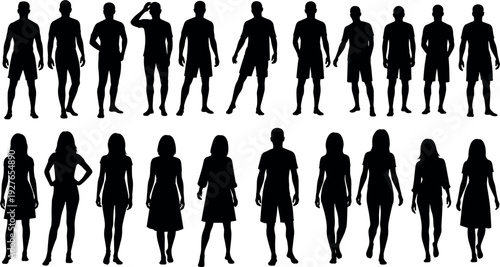 Black silhouettes of diverse men and women standing in various poses isolated on white background for lifestyle and fashion design