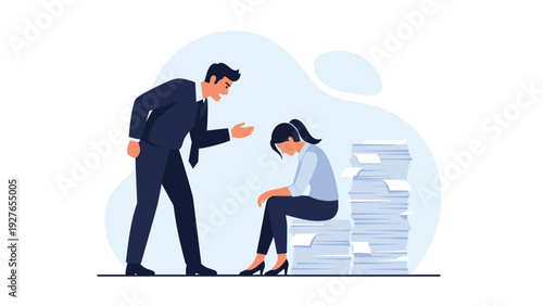 Angry male boss shouts at a stressed female employee who is sitting overwhelmed on giant stacks of paperwork in the office.