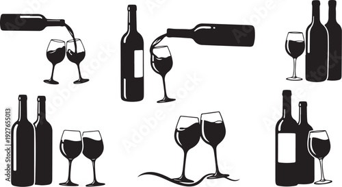 Wine Bottles and Glasses Silhouettes for Design and Illustration