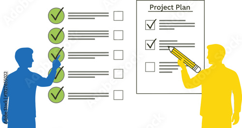 Two figures discuss a project plan with checkmarks and a pencil ideal for presentations on transparent background silhouette high quality professional