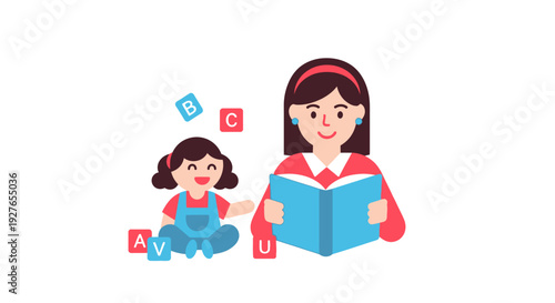 Caring adult reads storybook to happy child, fostering early education and literacy development with colorful alphabet blocks