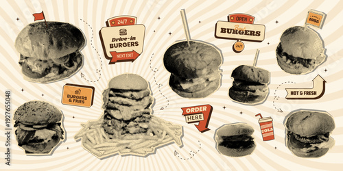 Retro burger halftone collage and sticker roadsign set with fast food, signs, arrows and badges. Street food elements for menus, branding, posters.Vector illustration in vintage mid century 50s style