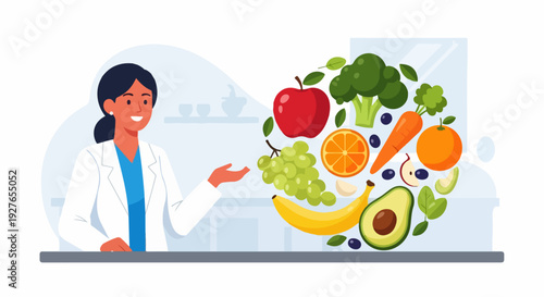 Clean flat vector illustration of a smiling nutritionist presenting healthy food choices