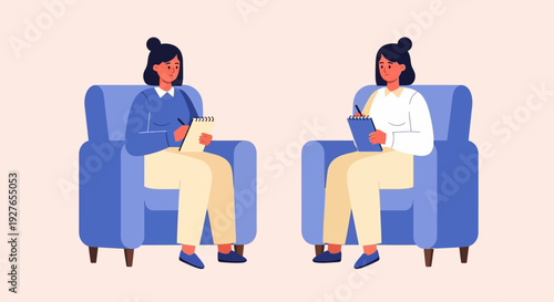 Psychotherapy session with two people sitting in chairs writing notes