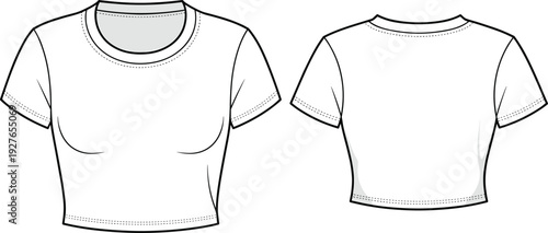 Women Crew Neck T Shirt CAD Drawing, Front and Back View, Short Sleeve Apparel Technical Flat Sketch Template