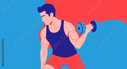 Muscular man lifting a dumbbell during a workout session, fitness and exercise concept
