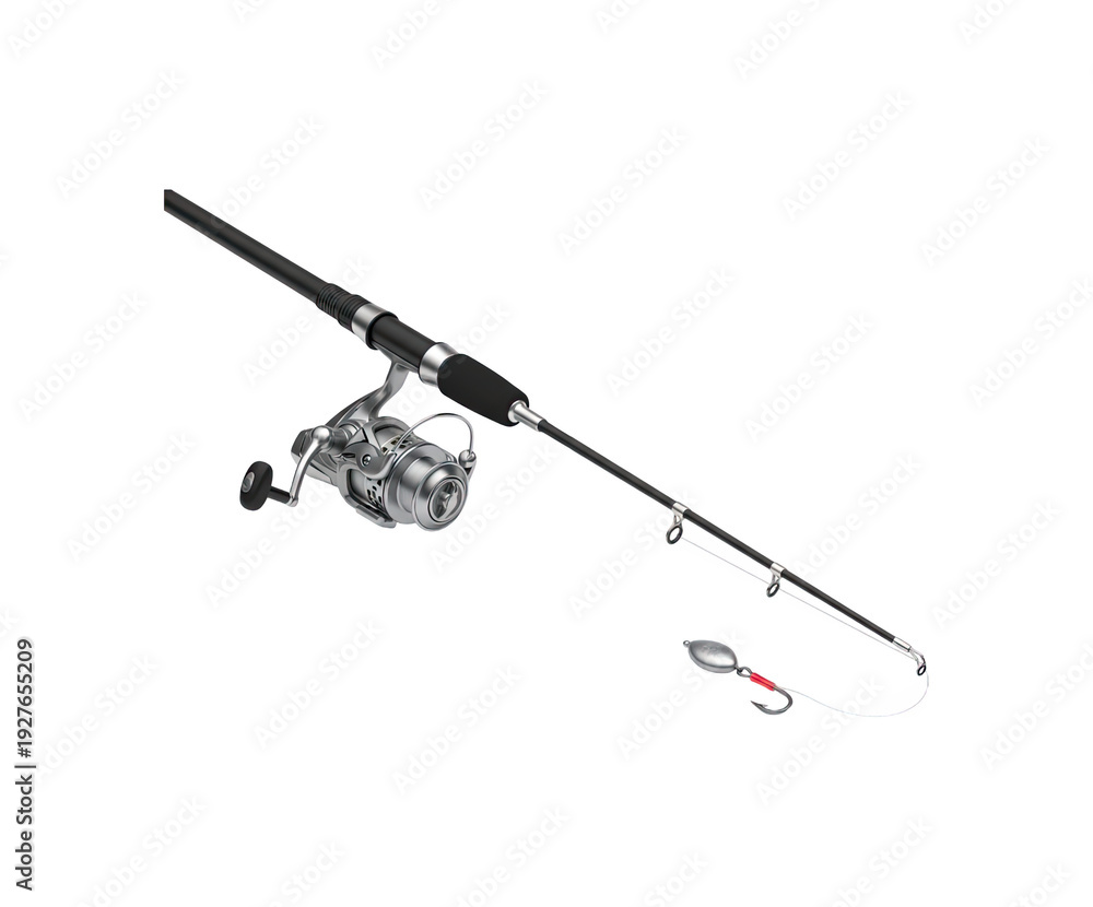 Fototapeta premium Modern fishing rod and reel with spoon lure attached, ready for casting into the water