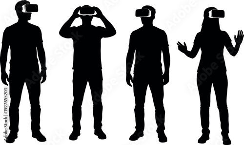 Black silhouettes of diverse people wearing virtual reality headsets experiencing immersive 3D technology, digital simulation, and futuristic cyberspace gaming gear