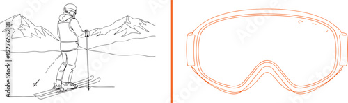 A clean line art vector showing a skier standing before a vast mountain range, paired with an orange-outlined pair of professional ski goggles.