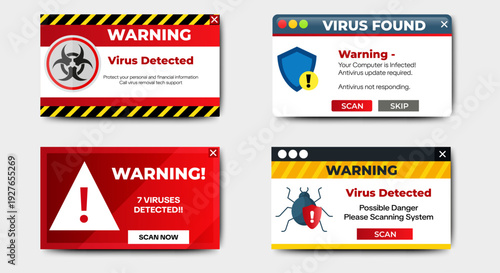 Virus warning alert icon notification set. pop up banner box. vector