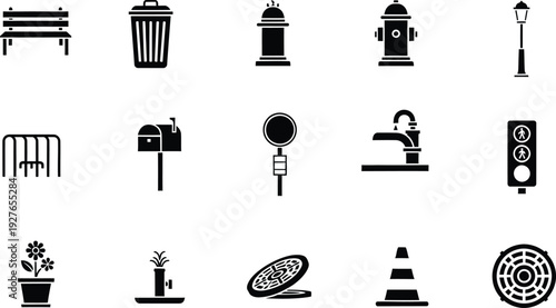 Set of minimalist black icons representing common street furniture and city objects