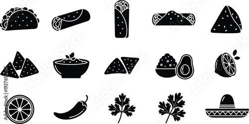 Set of mexican food icons featuring tacos burritos nachos avocado and chili peppers