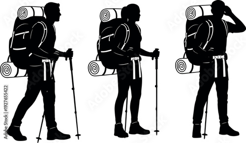 Black silhouettes of hikers with large backpacks and trekking poles walking and standing isolated on white background for outdoor adventure