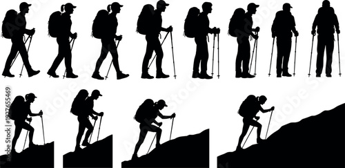 Black Silhouettes of Male and Female Hikers with Backpacks and Trekking Poles Walking on Flat Ground and Climbing Steep Mountains