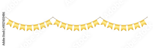 Golden flag party bunting border. Gold festive flag garland. Birthday party bunting. Yellow ribbon chain. Carnival banner. Design element. Vector illustration isolated on white background.