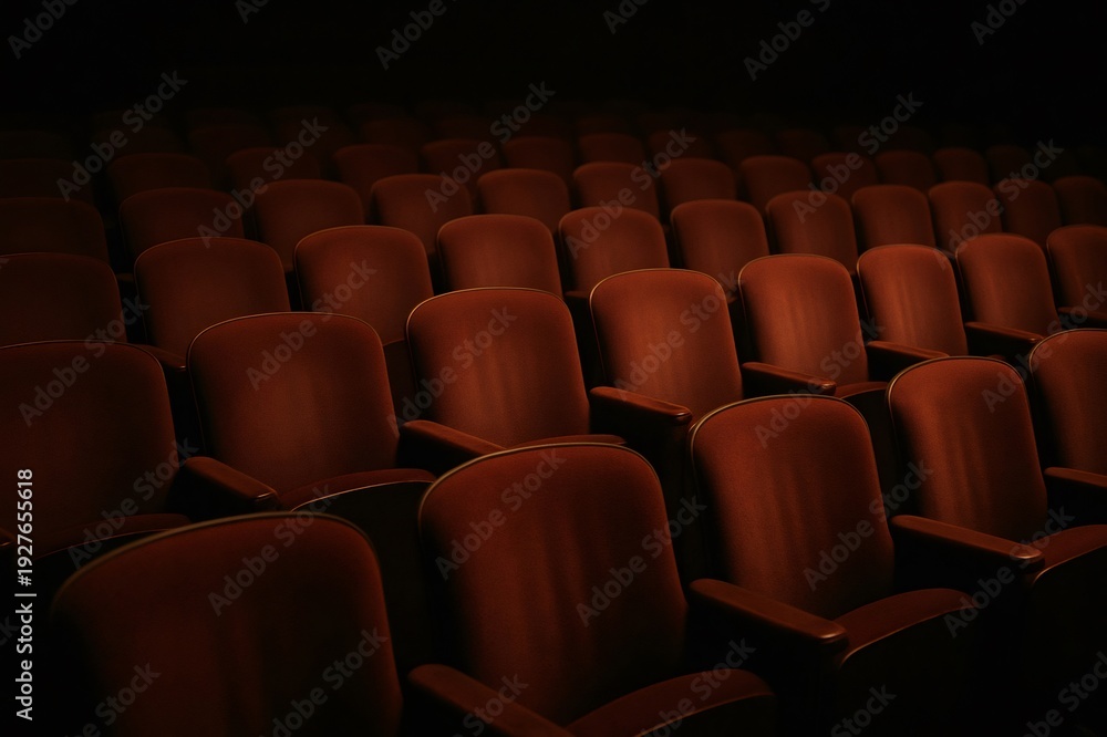 Obraz premium Darkened auditorium presenting rows of classic velvet seats, symbolizing anticipation, solitude, and the quiet before a performance