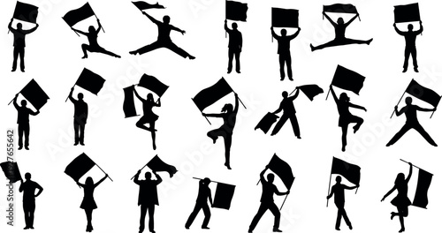 Black Silhouettes of People Holding and Waving Blank Flags in Various Dynamic Poses for Protest Celebration and Sport Event Graphics