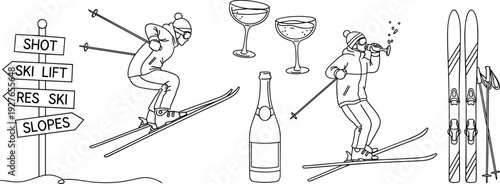 Skiers on slopes, winter resort signs, champagne bottle with glasses, and skis equipment doodles, holiday vacation, cad drawing flat vector illustration.