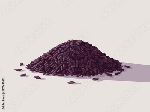 Pile of dark purple rice grains on a light background