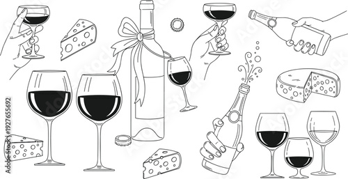 Wine bottle and glasses doodles set with cheese wedges, hands holding drinks for celebration and tasting, cad drawing flat vector illustration.