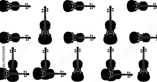 Black Violin Silhouette Seamless Pattern and Music Icon Set Isolated on White Background for Classical Orchestral Musical String Instrument Design