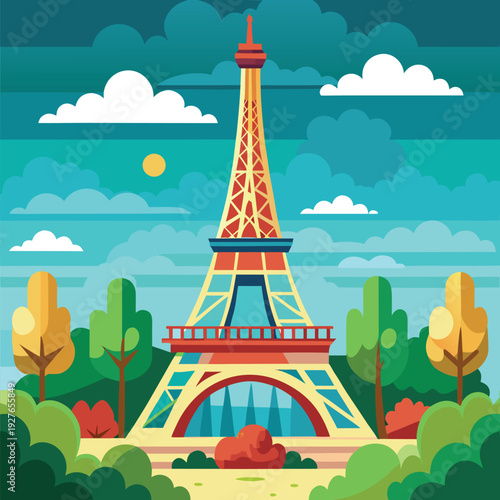Vibrant Eiffel Tower standing majestically in a colorful Parisian park under a bright blue sky