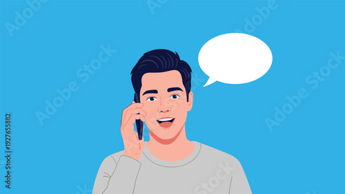 Cheerful young man makes a phone call on his smartphone while a blank speech bubble floats next to him on a blue background.