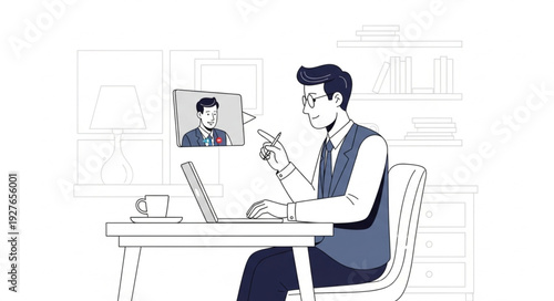 Man working on laptop during video call in office.