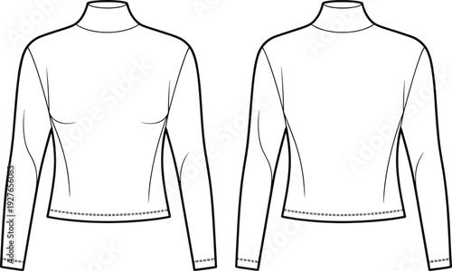 Women Long Sleeve Turtleneck Top CAD Drawing, Front and Back View, Fashion Technical Flat Sketch Template