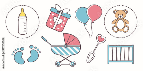 Assorted baby items including toys, bottles, and a stroller on a white background Vector