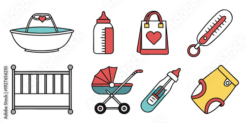 A collection of various objects including boats, fire extinguishers, and baby items Vector