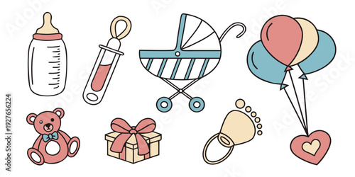 Assorted baby items including toys, bottles, and a stroller. Vector