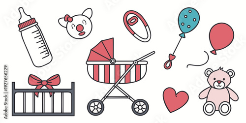 Assorted baby items including toys, a stroller, and a crib Vector