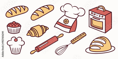 Assorted baked goods and cooking utensils displayed on a table Vector